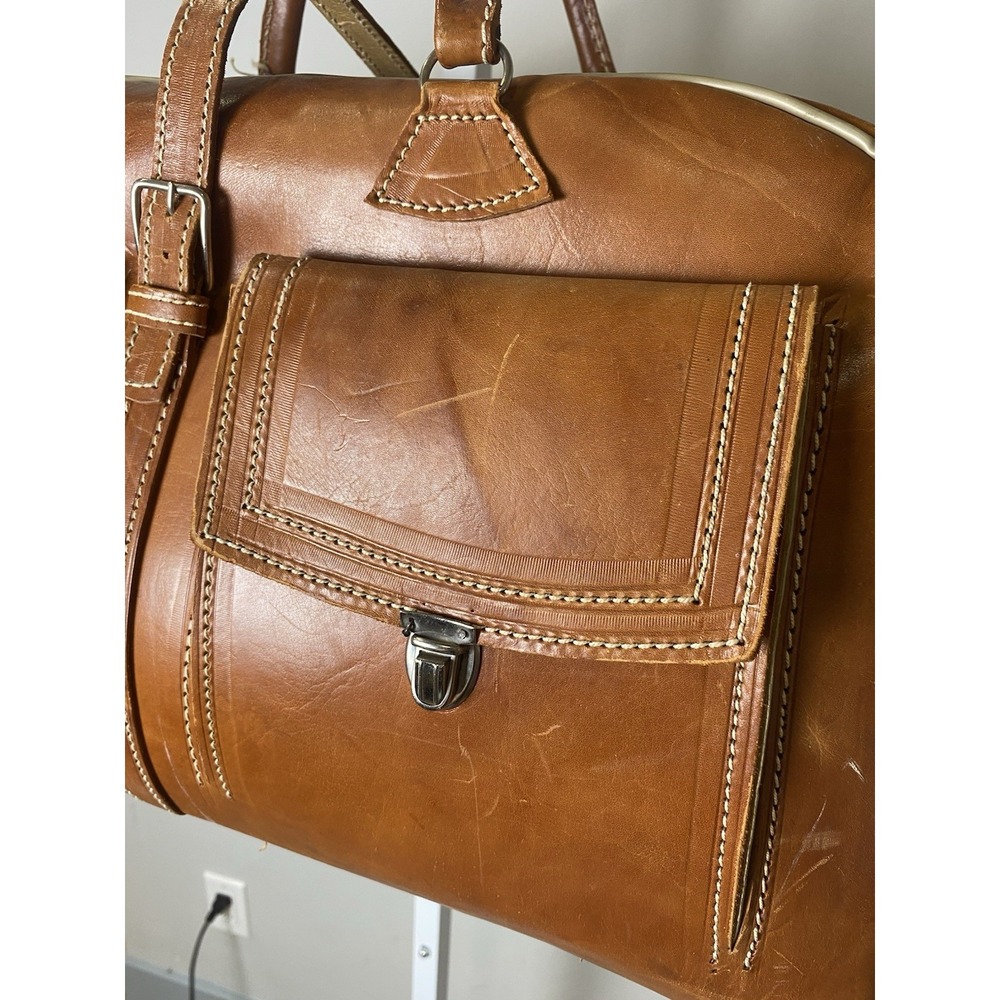 Vintage 70's Tan Leather Duffel Bag Weekend Travel Carry On Luggage Brown Pocket - Picture 3 of 14